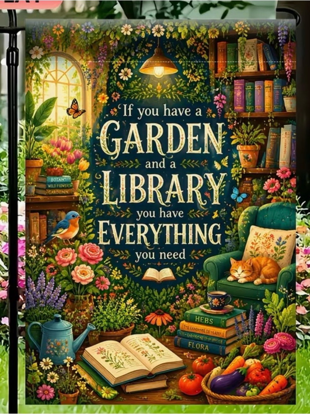 If you Have a Garden & a Library You Have Everything Garden Flag Cozy Books Cat